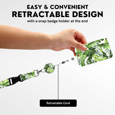 2-pcs Retractable ID Badge Reel Lanyard Set with Vertical Hard Plastic Card Holder - Green sunflowers (Style 2)