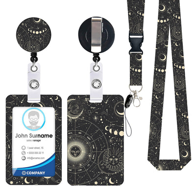 2-pcs Retractable ID Badge Reel Lanyard Set with Vertical Hard Plastic Card Holder - Black starry sky (Style 7)