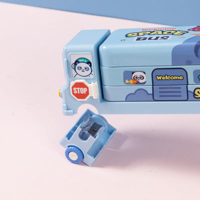 2-pcs Blue Fun School Bus Pencil Box with Built-in Sharpener - 3 Layer Large Capacity Stationery Box for Kids