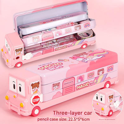 2-pcs (One pink and one blue) Fun School Bus Pencil Box with Built-in Sharpener - 3 Layer Large Capacity Stationery Box for Kids