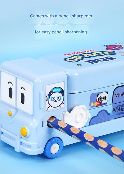 2-pcs (One pink and one blue) Fun School Bus Pencil Box with Built-in Sharpener - 3 Layer Large Capacity Stationery Box for Kids