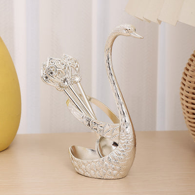 Silver Elegant Swan Cutlery Holder Set with 6 Dessert Spoons