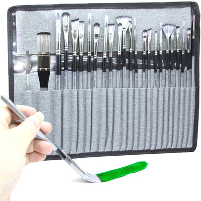24pc Artist Paint Brush Set with Canvas Roll-Up Case - Nylon Hair Brushes for Acrylic Watercolor Oil Gouache Painting