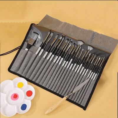 24pc Artist Paint Brush Set with Canvas Roll-Up Case - Nylon Hair Brushes for Acrylic Watercolor Oil Gouache Painting