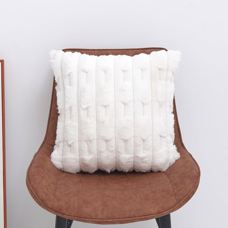 A pair of White Plush Faux Rabbit Fur Throw Pillow Cover - Textured Wheat Ear Design (45x45cm)