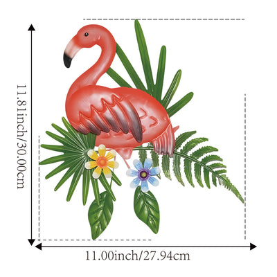 2 Pcs Red and Green Vibrant Flamingo Metal Wall Art - Tropical Leaves & Flowers Decor