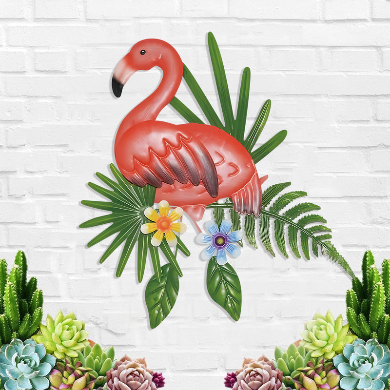 2 Pcs Red and Green Vibrant Flamingo Metal Wall Art - Tropical Leaves & Flowers Decor
