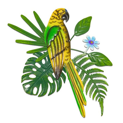 2 Pcs Yellow and Green Colorful Parrot Metal Wall Art - Tropical Leaves & Flower Home Decor Accent
