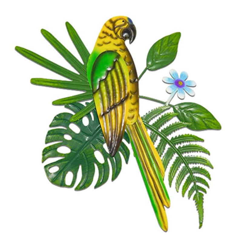2 Pcs Yellow and Green Colorful Parrot Metal Wall Art - Tropical Leaves & Flower Home Decor Accent