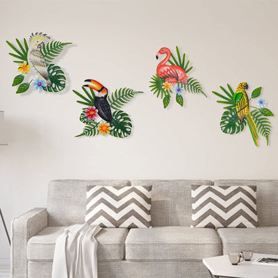 2 Pcs Yellow and Green Colorful Parrot Metal Wall Art - Tropical Leaves & Flower Home Decor Accent