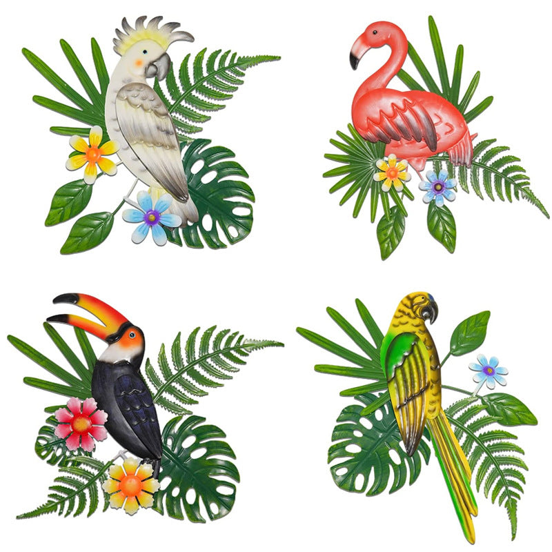2 Pcs Yellow and Green Colorful Parrot Metal Wall Art - Tropical Leaves & Flower Home Decor Accent
