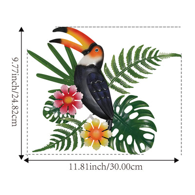 2 Pcs Black and Green Tropical Toucan Metal Wall Art - Colorful Bird & Leaves Indoor/Outdoor Decor