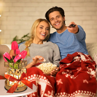 Pink Elegant Crystal Tulip LED Night Light - Rechargeable Touch Lamp with 3 Colors & Dimming