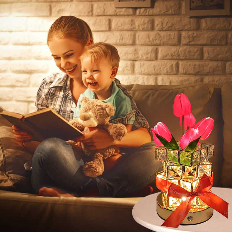 Pink Elegant Crystal Tulip LED Night Light - Rechargeable Touch Lamp with 3 Colors & Dimming