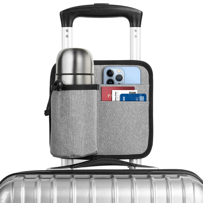 2 Pcs Grey Hands-Free Luggage Handle Travel Cup Holder & Organizer Pouch
