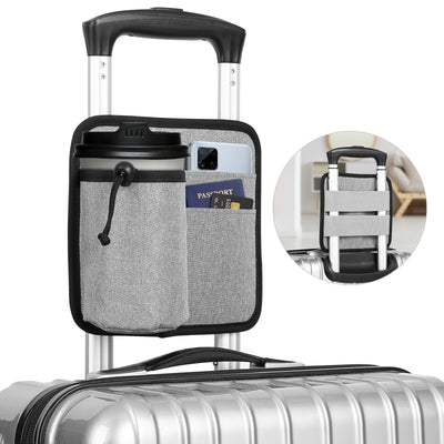 2 Pcs Grey Hands-Free Luggage Handle Travel Cup Holder & Organizer Pouch