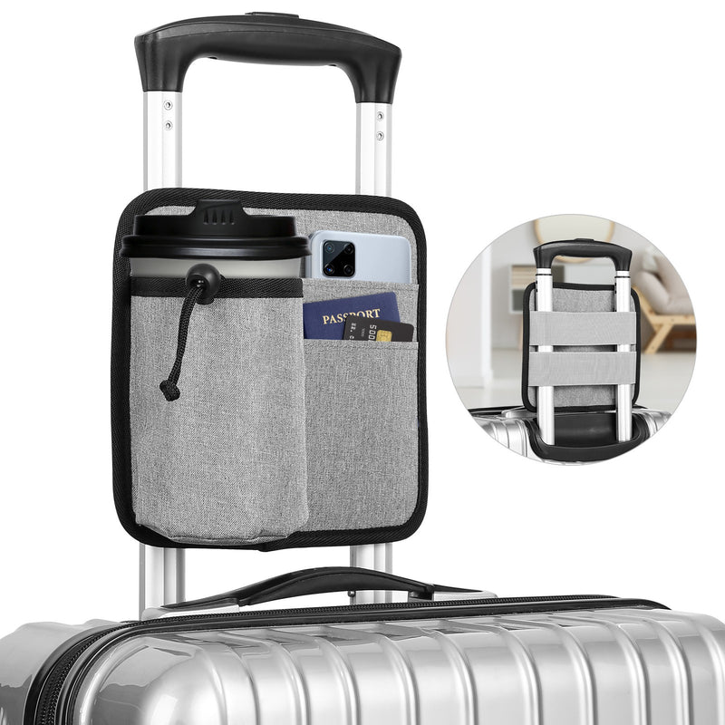 2 Pcs Grey Hands-Free Luggage Handle Travel Cup Holder & Organizer Pouch