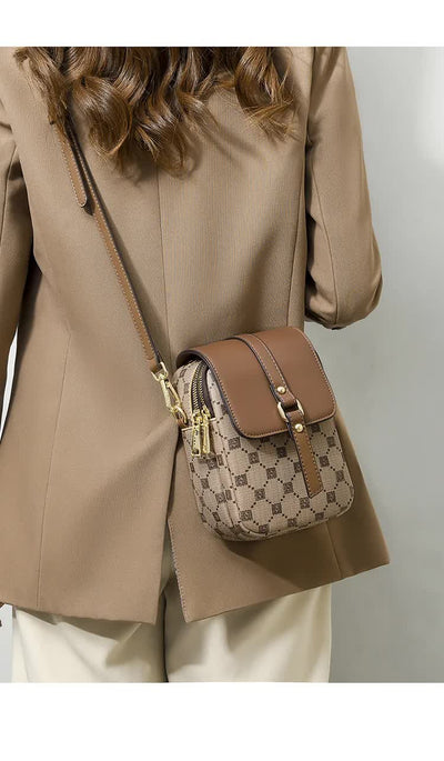 Coffee Chic Round Mini Crossbody Phone Purse - PU Leather Vertical Shoulder Bag with Headphone Port