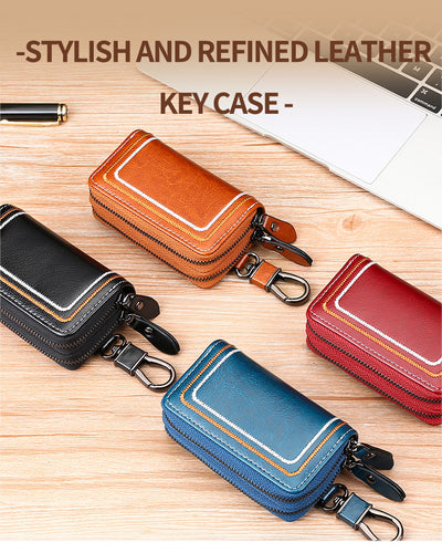 Blue Premium Genuine Leather Double Zipper Key Case - Car & House Key Organizer Pouch