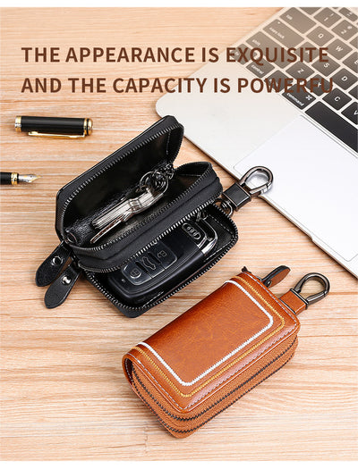 Blue Premium Genuine Leather Double Zipper Key Case - Car & House Key Organizer Pouch