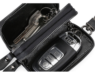 Blue Premium Genuine Leather Double Zipper Key Case - Car & House Key Organizer Pouch