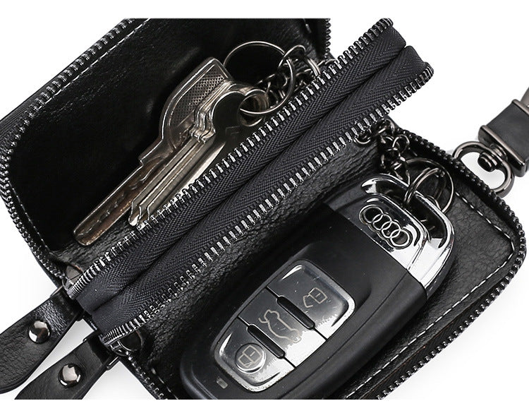 Blue Premium Genuine Leather Double Zipper Key Case - Car & House Key Organizer Pouch