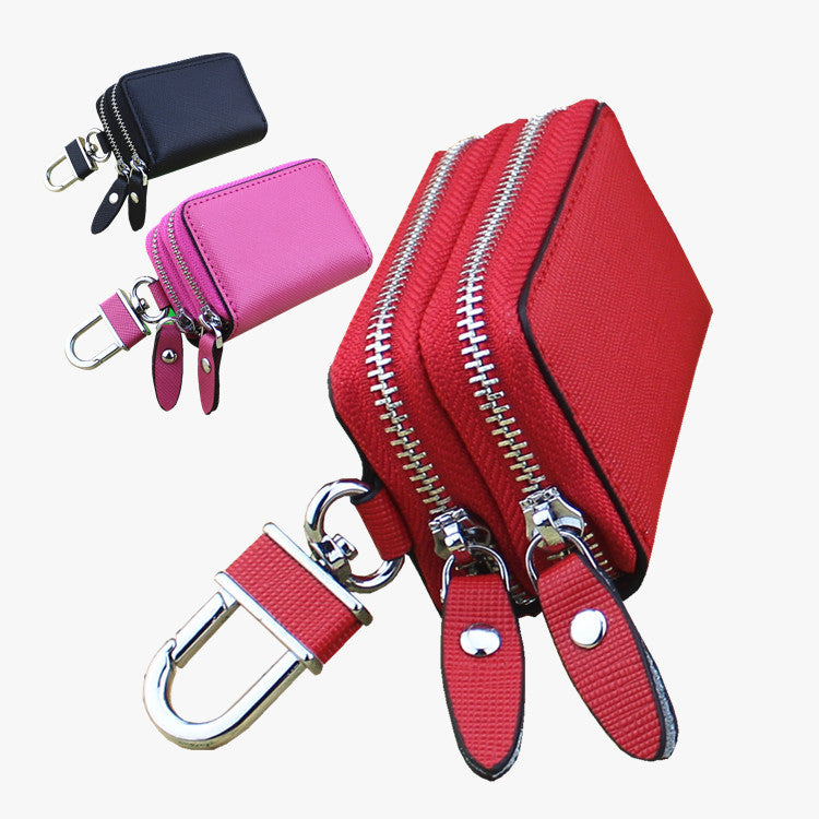 Red Compact Crossgrain Leather Double Zipper Key Case - Stylish Car & Home Key Organizer