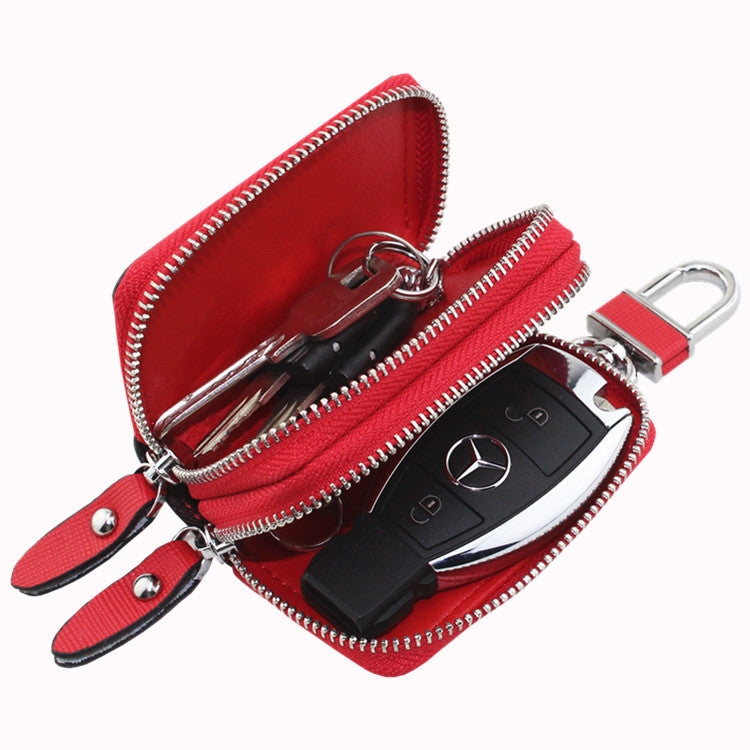 Red Compact Crossgrain Leather Double Zipper Key Case - Stylish Car & Home Key Organizer