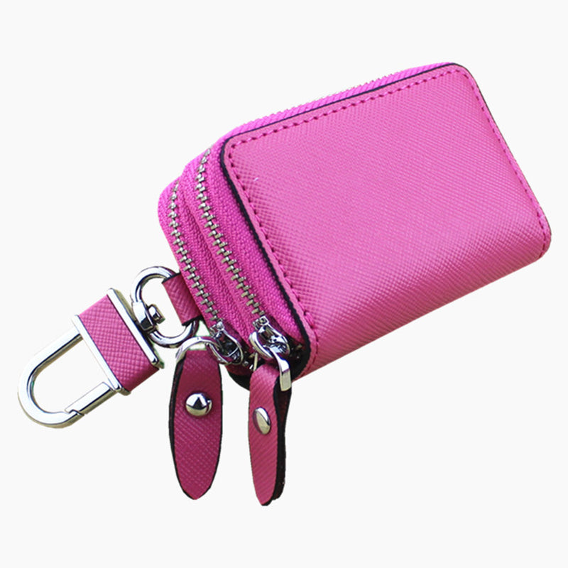 Dark Pink Compact Crossgrain Leather Double Zipper Key Case - Stylish Car & Home Key Organizer