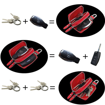 Dark Pink Compact Crossgrain Leather Double Zipper Key Case - Stylish Car & Home Key Organizer