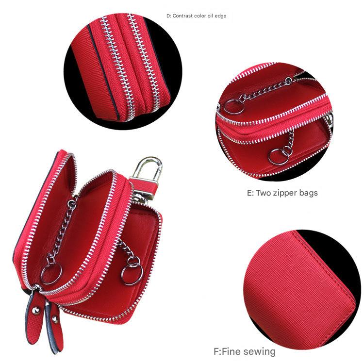 Dark Pink Compact Crossgrain Leather Double Zipper Key Case - Stylish Car & Home Key Organizer