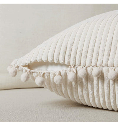 Red Soft Corduroy Cushion Cover Set (1 Square + 1 Rectangular) with Pom Pom Trim - Decorative Throw Pillow Cases for Sofa Couch