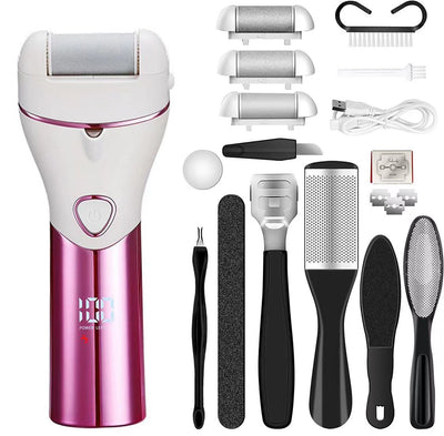 Pink And White Rechargeable Electric Foot File Callus Remover Kit - 10pc Pedicure Set with LED Display for Smooth Feet