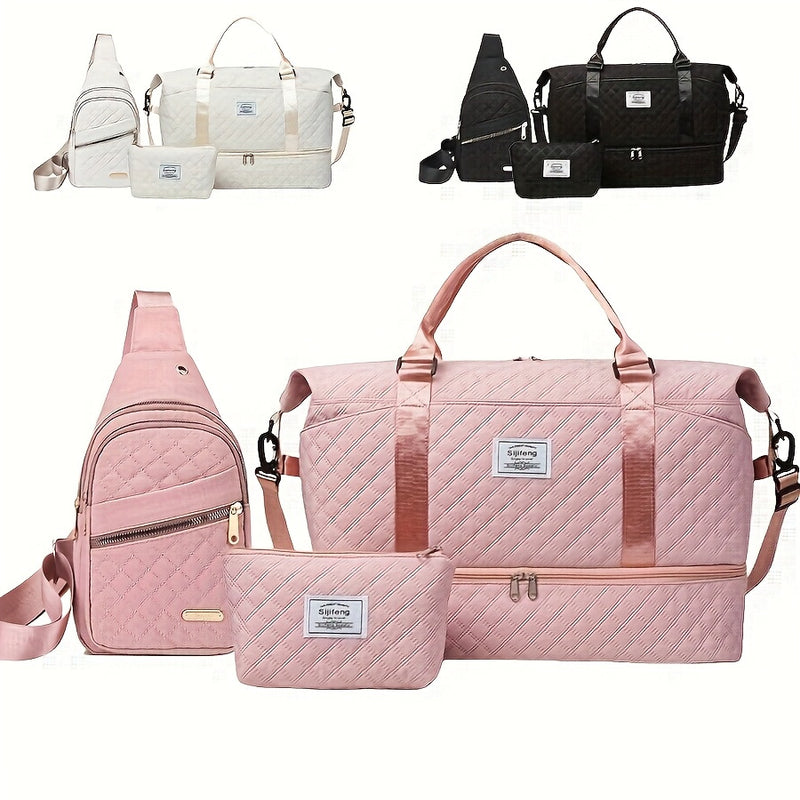 Black Chic 3-Piece Quilted Travel Bag Set - Duffel, Crossbody Sling & Toiletry Pouch - Large Capacity & Lightweight