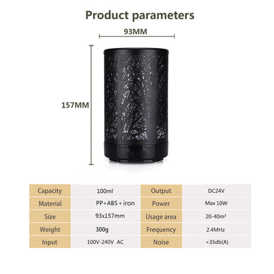 Coffee and Black Forest Design Iron Essential Oil Diffuser - 7 Color LED Ultrasonic Cool Mist Humidifier 100ml