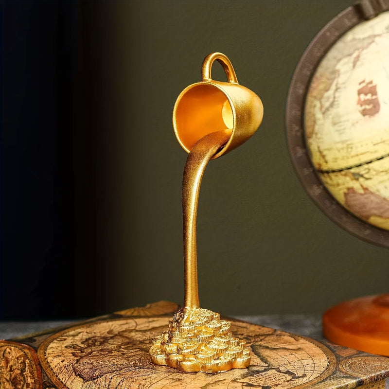2 Pcs Glod Cup With Golden Spill" And Base Magic Pouring Coffee Cup Sculpture - Unique Resin Tabletop Art Accent"