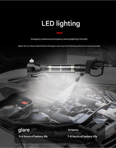 Black 8-in-1 Solar Powered Emergency Car Safety Hammer Flashlight - Window Breaker, Seatbelt Cutter, Alarm & Power Bank