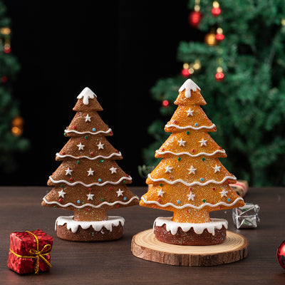 2 Pcs (1 Yellow + 1 Brown) Charming Gingerbread Christmas Tree Figurine - Festive Resin Holiday Table Decor Ornament