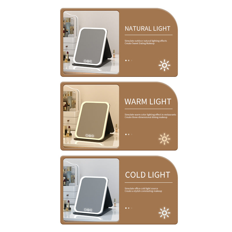 Pink Large Foldable LED Makeup Mirror - Portable Desktop Vanity with 3 Color Lights, Stepless Dimming & Adjustable Stand