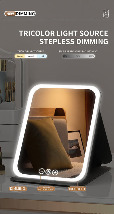 Pink Large Foldable LED Makeup Mirror - Portable Desktop Vanity with 3 Color Lights, Stepless Dimming & Adjustable Stand