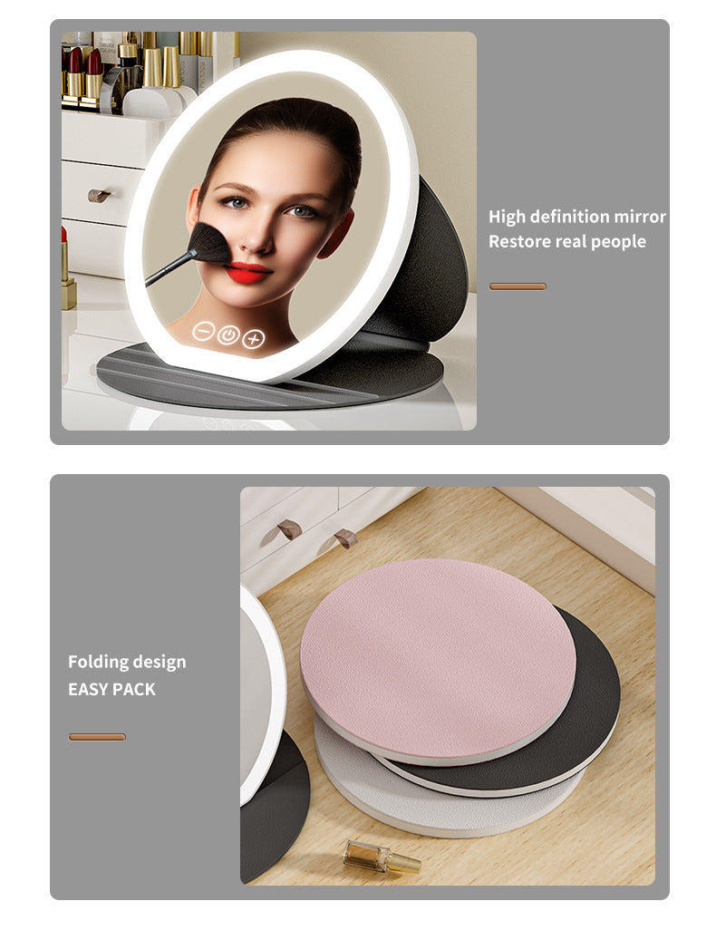 Black Large Round Foldable LED Makeup Mirror - 22cm Desktop Vanity with 3 Color Lights & Stepless Dimming