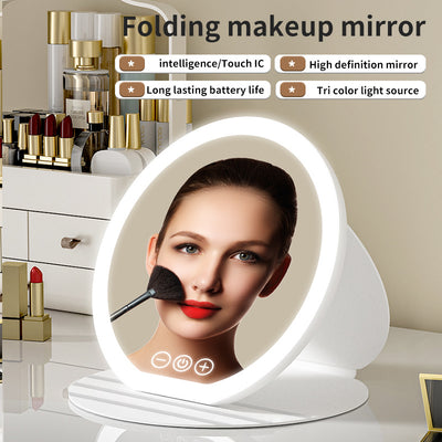 Pink Small Round Foldable LED Makeup Mirror - 18.5cm Desktop Vanity with 3 Color Lights & Stepless Dimming