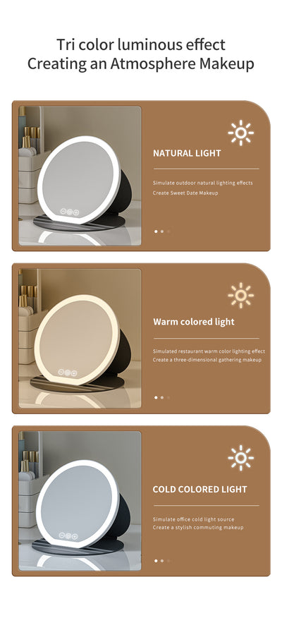 Pink Small Round Foldable LED Makeup Mirror - 18.5cm Desktop Vanity with 3 Color Lights & Stepless Dimming