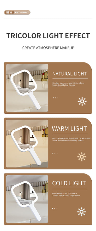 Light Yellow Square Portable Handheld LED Makeup Mirror - USB-C Rechargeable with 3 Color Light Modes for On-The-Go Touch-Ups
