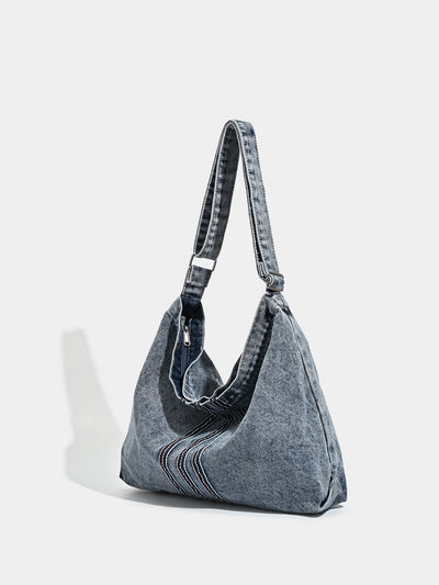 Blue Retro Washed Denim Hobo Bag - Large Capacity Shoulder & Crossbody Tote for Casual Everyday & Commute