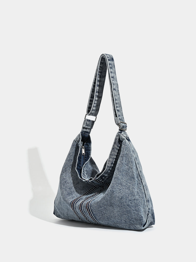 Blue Retro Washed Denim Hobo Bag - Large Capacity Shoulder & Crossbody Tote for Casual Everyday & Commute