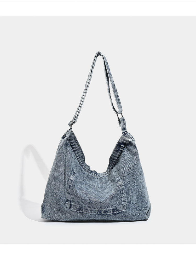 Blue Retro Washed Denim Hobo Bag - Large Capacity Shoulder & Crossbody Tote for Casual Everyday & Commute