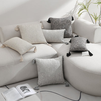 Beige Chic Geometric Jacquard Cushion Covers with Tassels - Set of 2, Plush Blend for Sofa & Bed Decor (45x45cm, Insert Not Included)