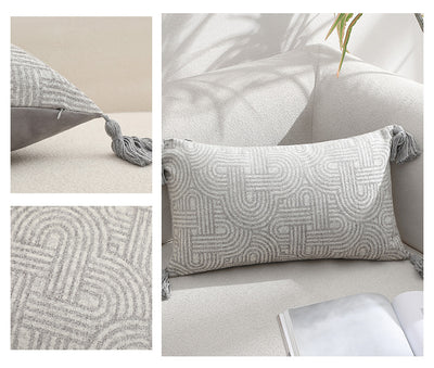 Beige Chic Geometric Jacquard Cushion Covers with Tassels - Set of 2, Plush Blend for Sofa & Bed Decor (45x45cm, Insert Not Included)