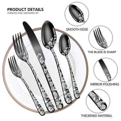 Multicolor Elegant 20-Piece Stainless Steel Cutlery Set with Floral Design - Dinner & Steak Knives, Forks, Spoons
